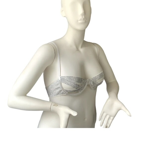 Banjul Rhinestone Embellished Swim Top White Zip Back  L - Picture 6 of 12